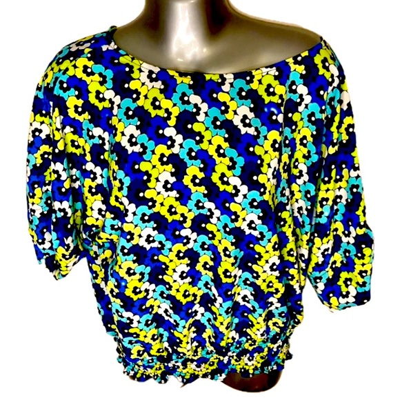 Micheal Micheal Kors elastic waist blouse. Size Large. Blue green floral. - Picture 1 of 10